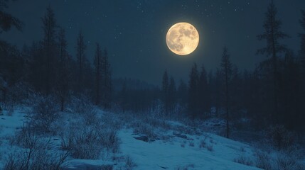A serene winter landscape under a bright full moon, surrounded by tall trees and stars.