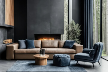 Beige leather sofa and blue fabric lounge chair in room with fireplace interior design of modern living room