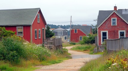 Obraz premium Charming row of wooden houses with a vibrant red house prominently positioned in the background, surrounded by lush greenery and a gravel pathway.