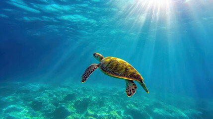 Graceful Sea Turtle Swimming Through Crystal Clear Water Under Bright Sunbeams in Vibrant Coral Reef Environment
