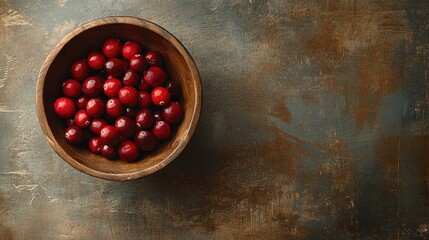 Ripe red cranberries arranged in a rustic wooden bowl on a textured, dark tabletop viewed from above, highlighting their vibrant color and natural sheen.