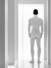 Fototapeta premium Futuristic men's fashion style in white posed by a male model