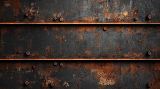 Rusty weathered dark metal surface featuring a grunge texture with visible orange rust spots and rivets, creating a rugged industrial backdrop.
