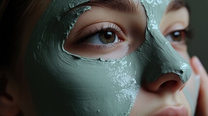 Teenage girl with a green facial mask, focusing on her expressive eyes and smooth skin, enjoying a skincare routine.