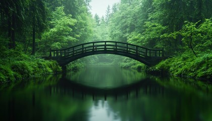 Fototapeta premium Romantic couple, lovers standing on a rustic wooden bridge spanning a serene, misty river, their eyes locked in affectionate serenity Peaceful nature scene, lush green foliage, tranquil water