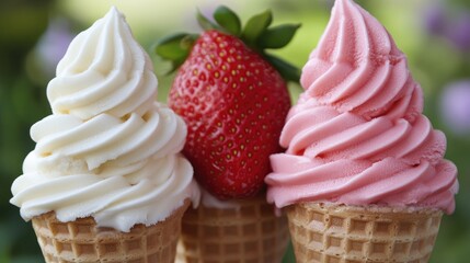 Delicious strawberry and vanilla soft serve ice cream cones with a fresh strawberry on top, set against a vibrant outdoor background.