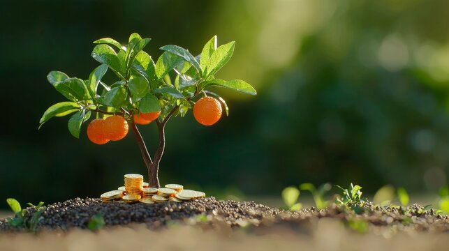 Growing wealth symbolic tree with coins outdoor setting business concept nature environment close-up viewpoint
