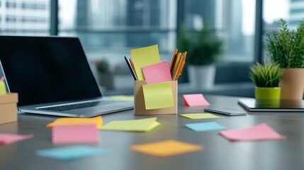 Organized Workspace with Notepads,Sticky Notes and Laptops for Productive Work