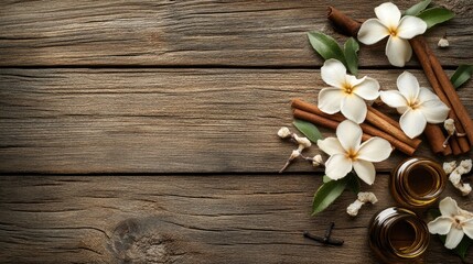 Fototapeta premium Essential oils arrangement with jasmine flowers, cinnamon sticks, and vanilla on rustic wooden table, perfect for spa and wellness aromatherapy themes.