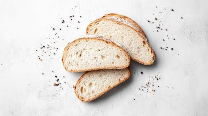 Freshly sliced healthy bread on a clean white background, featuring a light crust and soft interior with scattered black seeds for visual appeal.