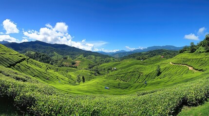 Fototapeta premium Vibrant green tea plantation panorama under a bright blue sky with distant tea pickers working among lush, rolling hills and scenic mountains.