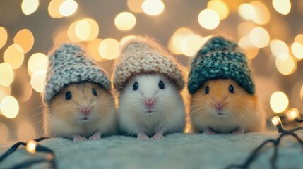 Three adorable hamsters in cozy winter hats posing together in front of a backdrop of beautiful, softly blurred lights.