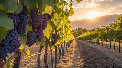 Fresh grape bunch with vineyard scenery.