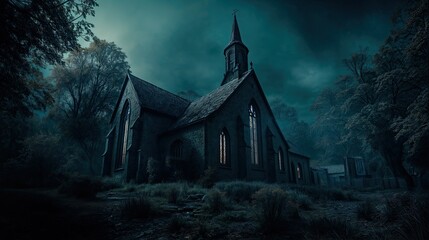 Night view of a creepy church building.