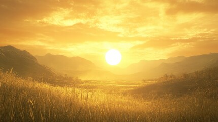 Golden sunrise over grasslands with glowing terrain, casting a magnificent light across the landscape, evoking inspiration and tranquility.
