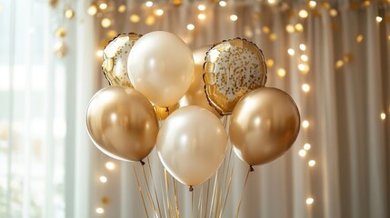 Gold helium balloons for a seventeenth birthday or anniversary celebration, featuring a festive backdrop with twinkling lights.