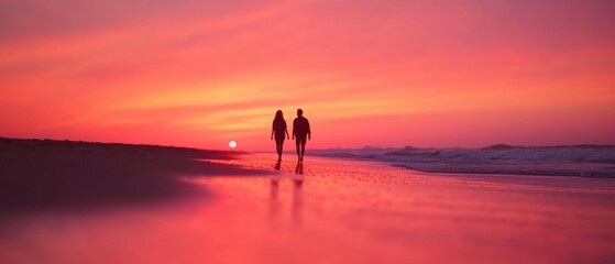 couple walking on the beach at sunset with vibrant colors in the sky