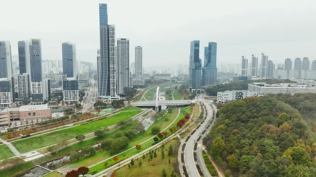 Drone View of Sejong City in South Korea, Park, Autumn, 60fps