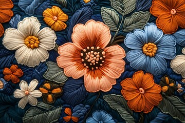 Detail of a colorful embroidery with flower motifs in brightly colored fabrics.

