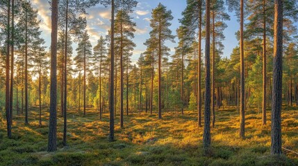 Fototapeta premium Towering pine trees in a tranquil forest, viewed from an ant's perspective, bathed in warm golden sunlight with soft greenery underfoot.