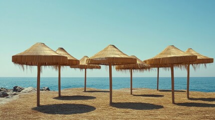 Straw umbrellas arranged in a serene beach setting, offering shade against the bright blue sky and glistening sea in the background.