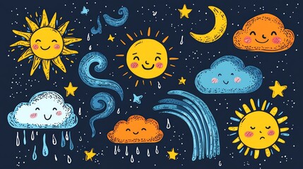 Cute cartoon illustration of sun, clouds, rain, stars, and moon.