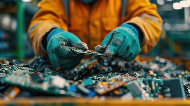 A person in protective gloves examines a circuit board amidst a pile of electronic waste in a recycling facility.