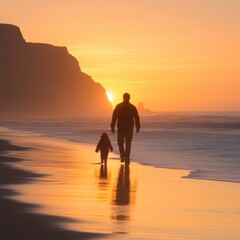 a silhouette of a person and child walking along the beach at sunset