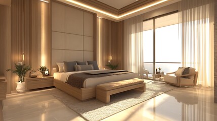 Fototapeta premium Elegant and Cozy Modern Bedroom Interior Design with Stylish Decor, mockup, poster and Background