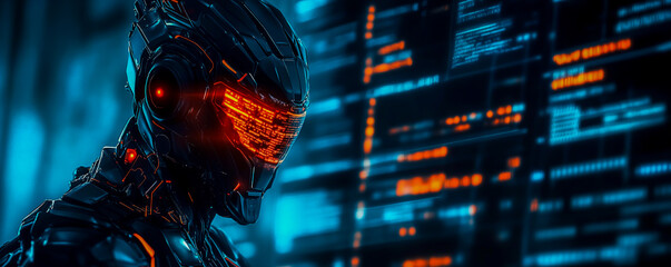 A futuristic robot with glowing red eyes symbolizes advanced technology used by artificial intelligence.