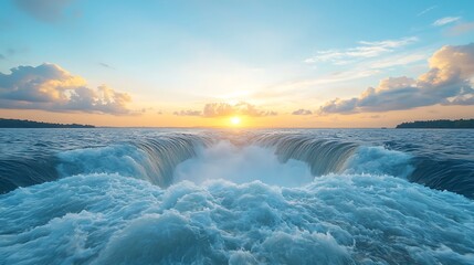 Fototapeta premium Majestic waterfall sunrise over ocean waves scenic coastline nature photography serene atmosphere