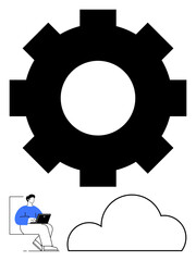 Large gear above a person working on a laptop. Cloud icon below gear. Ideal for technology, cloud computing, software development, innovation, engineering, remote work IT services. Line metaphor
