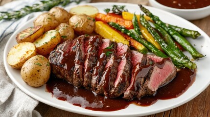 Juicy sliced steak topped with rich sauce, served with roasted potatoes and vibrant vegetables on a white platter, creating a mouthwatering meal.