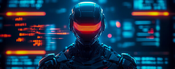 A futuristic robot with glowing red eyes symbolizes advanced technology used by artificial intelligence.