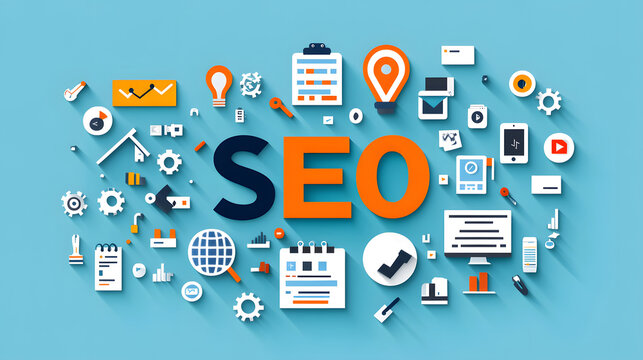 SEO tools and icons arranged creatively on blue background