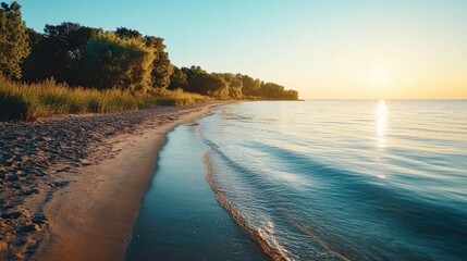 Morning sunlight gently bathes the tranquil shoreline, highlighting smooth sand and calm waters with lush greenery in the background.