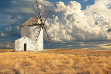 Historic windmill stands alone in golden field under a dramatic sky with billowing clouds, evoking a sense of serenity and timeless rural beauty.