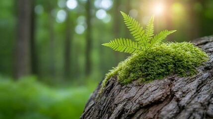 Naklejka premium Fern growth on mossy tree stump forest setting nature photography morning light close-up