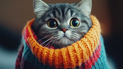 Fototapeta premium Scottish Fold cat with large eyes snug in a colorful knitted sweater, preparing for the cozy winter season with a charming expression.