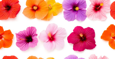 Obraz premium Colorful hibiscus flowers arranged neatly on a bright background