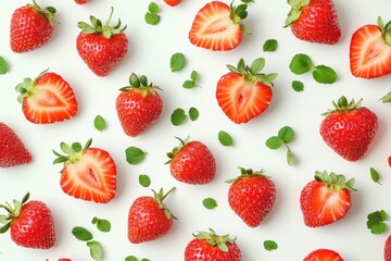 A close-up of fresh strawberries with small green leaves scattered on a white background