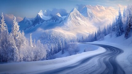 Majestic snow-covered mountain range under a serene sky with a winding road weaving through a breathtaking winter alpine landscape.