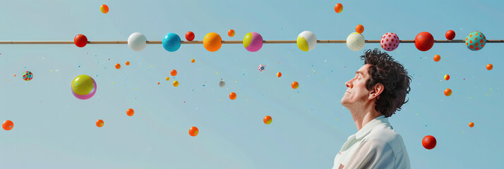 A man balances a long, thin pole vertically on his chin, a line of colorful balls perched atop it, while simultaneously juggling two more balls.