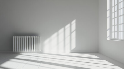 Fototapeta premium Natural light floods a minimalistic room with shadows from windows