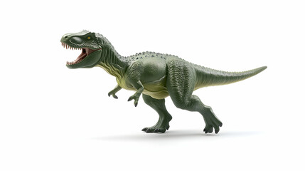 Fototapeta premium Powerful Tyrannosaurus Rex dinosaur toy model isolated on white background, perfect for educational or creative projects.