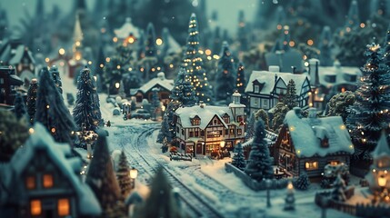 Obraz premium A charming winter village scene with snow-covered houses, trees, and warm lights, evoking a festive holiday atmosphere.