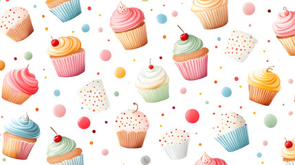 Colorful cupcakes with frosting and sprinkles on white background