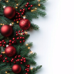A festive Christmas arrangement featuring vibrant red ornaments and glossy berries on pine branches, perfect for holiday cards, invitations, or decorations.