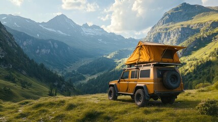 A yellow off-road vehicle with a rooftop tent parked in a scenic mountainous landscape.