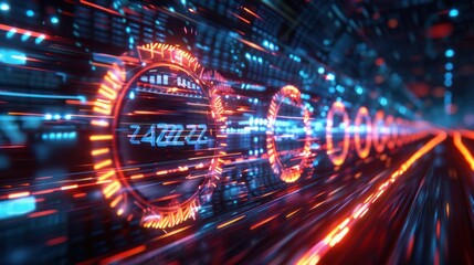 Fototapeta premium Futuristic digital data stream with glowing circles and numbers.